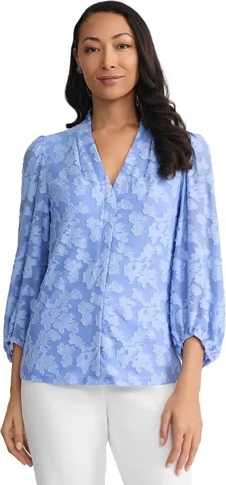 Kasper Women's Kasper Women's Long Blouson Sleeve V-Neck Burnout Top