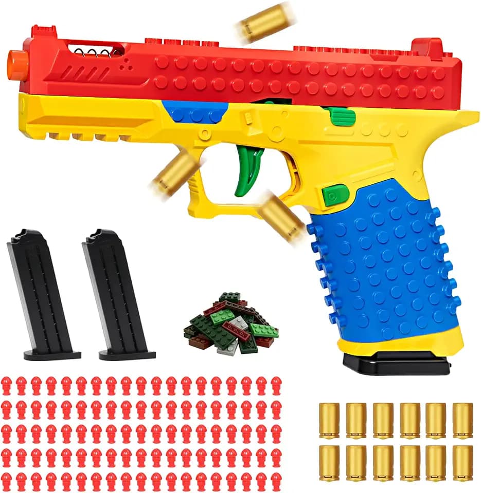 Automatic Shell Ejecting Toy Gun Pistol, DIY Building Block Toy Guns, Mini Blaster Gun, Shooting Games STEM Toy Gun, Gifts for Halloween Christmas Birthdays