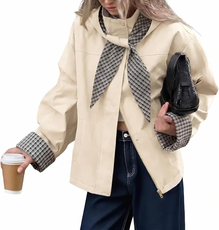 Tankaneo Womens Cropped Trench Coats Fall Jacket with Plaid Detachable Hood