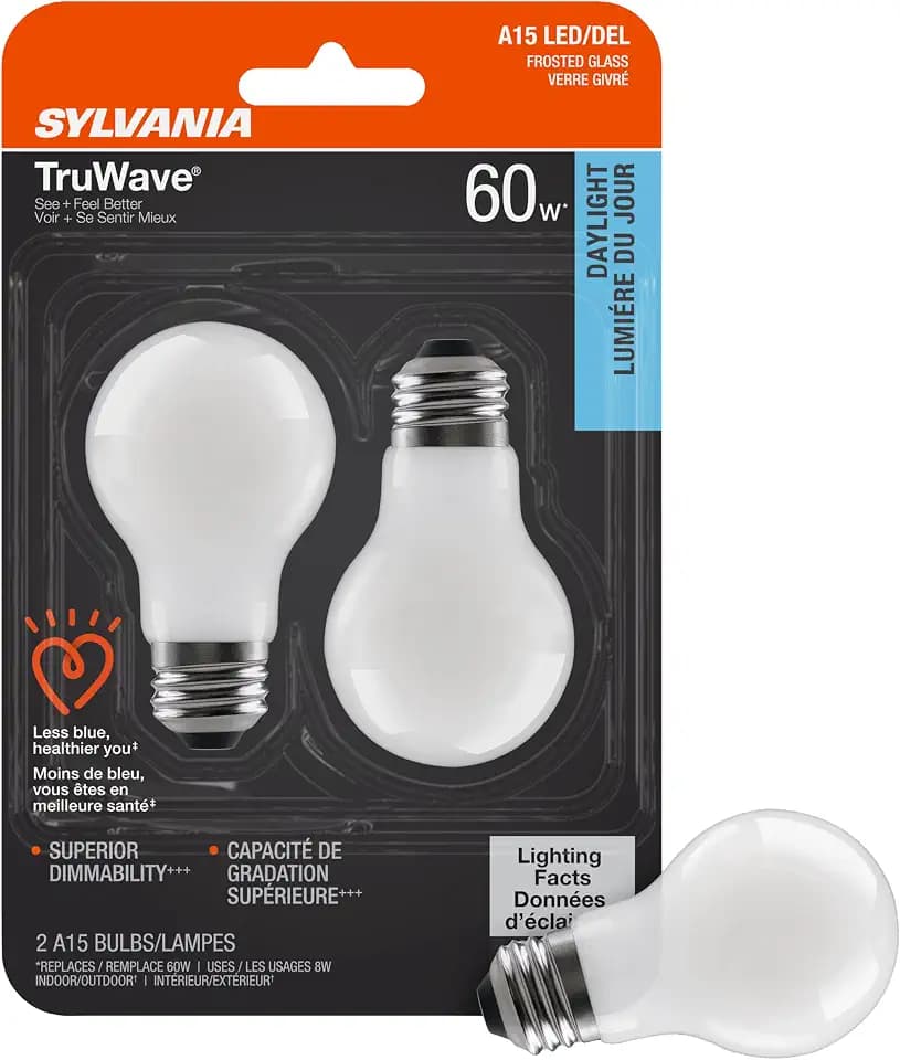 Sylvania LED TruWave Natural Series Ceiling Fan / Fixture Light Bulb, 60W A15 Daylight Medium Base, Dimmable, 5000K, 800 Lumens, Frosted - 2 Pack