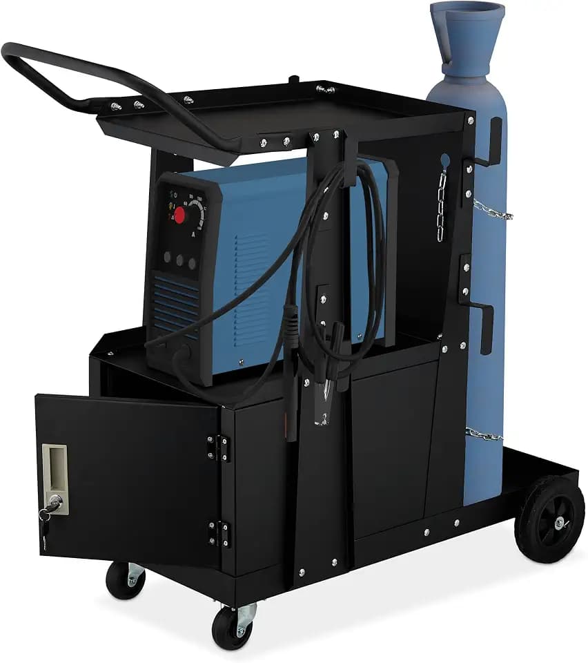 Relaxdays Schweißwagen, 3 Ablagen, Tür, Stellplatz für Gasflasche, Schweißgerätewagen, 110 kg, HBT: 89x47x97 cm, schwarz