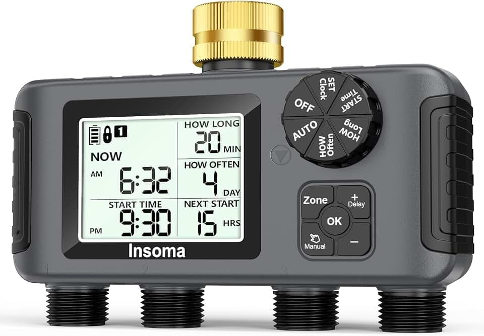 Insoma 4 Zones Sprinkler Timer with Brass Inlet, Water Timer for Garden Hose with Auto/Manual/Rain Delay Mode, Hose Timers for Irrigation Watering System for Yard, Lawn, Plant Watering