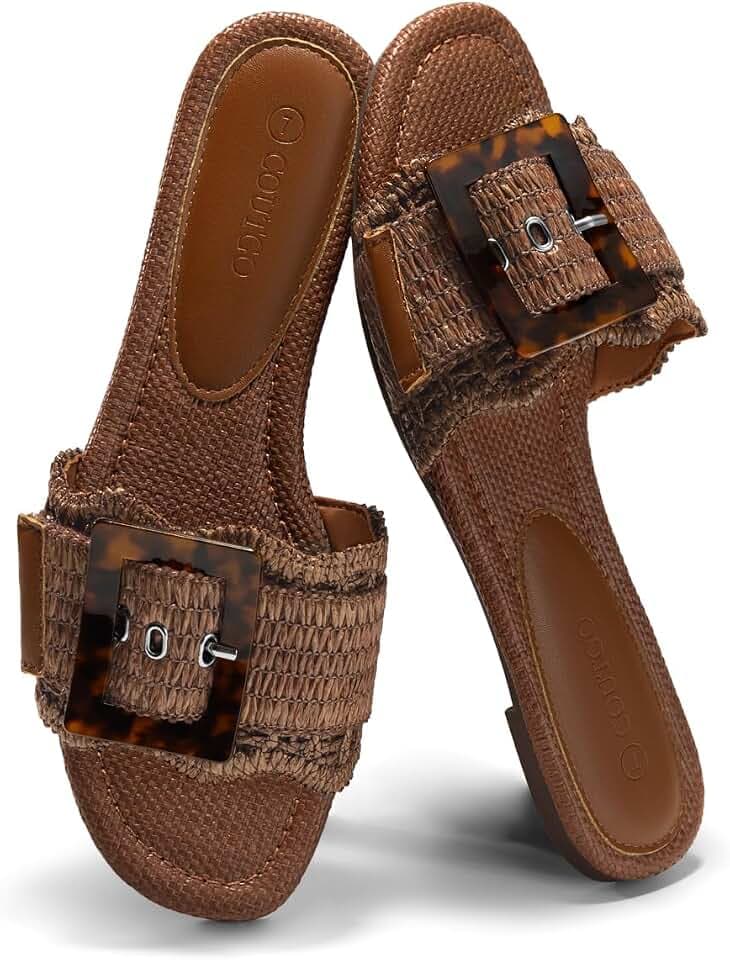Coutgo Womens Flat Sandals Raffia Slip On Slide Sandal Square Open Toe Buckle Summer Beach Shoes Flats