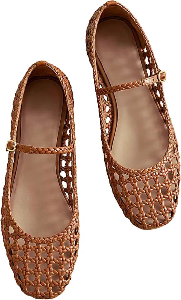 Woven Mesh Ballet Flats for Women Square Toe Mary Jane Flats Buckle Strap Flat Shoes Comfortable Ballerina Flats Dressy Mesh Shoes Casual Mary Janes for Women