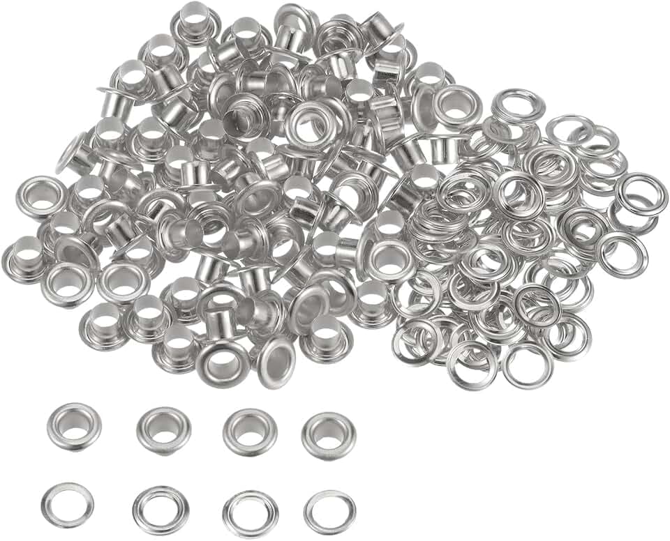 sourcing map 100 Satz Tüllen Kit Metall Ösen 4mm Tülle Werkzeug für Schuhe Kleidung Gürteltasche DIY Projekt Planen Tasche (Silber Ton)