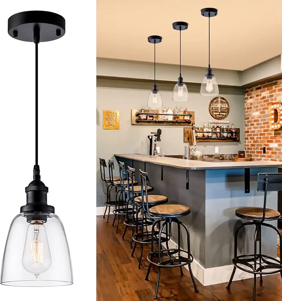 Industrial Clear Glass Pendant Light Fixture, Black