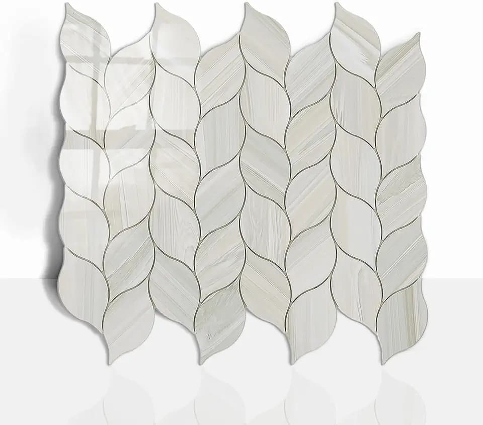 Tilingview 10-Sheet Peel and Stick Backsplash Tile for Kitchen, Self-Adhesive Mosaic Glossy Leaf Stick on Wall Tile with Gaps (Leaf Beige)