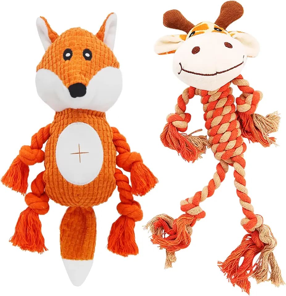 Giraffe Rope Dog Toy, Plush Fox Squeaky Dog Toy, 2 Pack