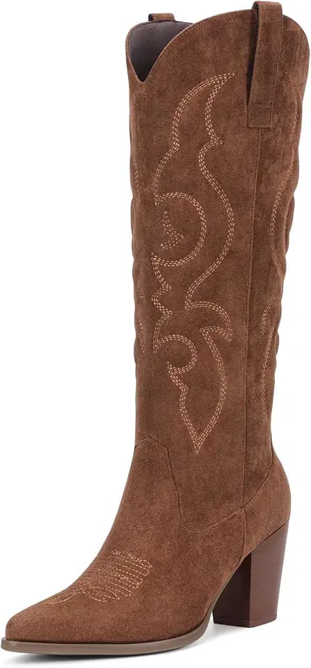 Pasuot Suede Cowboy Boots for Women - Western Knee High Cowgirl Boots with Side Zipper, Retro Pointed Toe Tall Block Heel Pull On Long Boot for Ladies Fall Winter Rodeos Concert Festival Daily