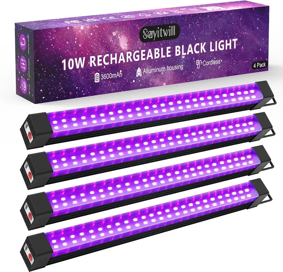 Rechargeable Black Light Bar 4 Packs, Battery Powered Black Lights for Glow Party, Cordless UV Strip Lights with On/Off/Dimma/Flash Switch, for Neon,Uranium Glass, Classroom,Paint, Poster,Stage