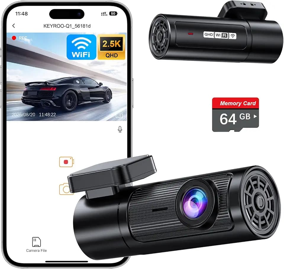 2.5K Dash Cam Front, 64GB Card Included, Mini Dash Camera with WiFi & App