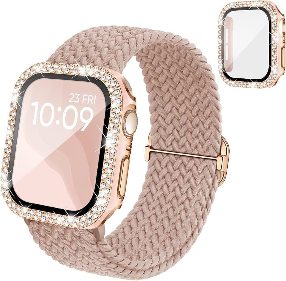 Braided Stretchy Band Compatible for Apple Watch Bands Women and Case 45mm