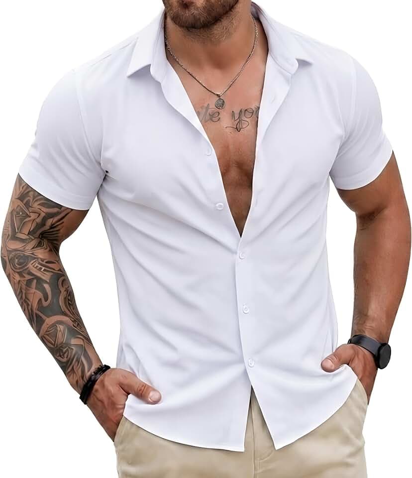Askdeer Men's Muscle Fit Dress Shirts Stretch Wrinkle Free Short Sleeve Button Down Casual Slim Fit Shirts