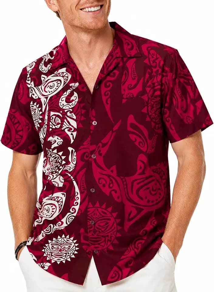King Kameha Herren Hawaiihemd Kurzarm – Sommer Aloha Shirt mit Maori-Print, leicht und pflegeleicht