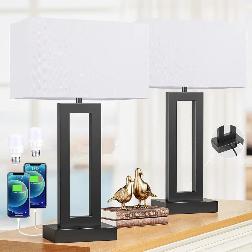 Seealle 22" Tall Living Room Lamps for Night Stands - Touch Bedside Lamp with USB C+A, 3 Way Dimmable Bedroom Lamps for End Tables Set of 2, Modern Night Stand Lamps for Bed Side(White&Black)