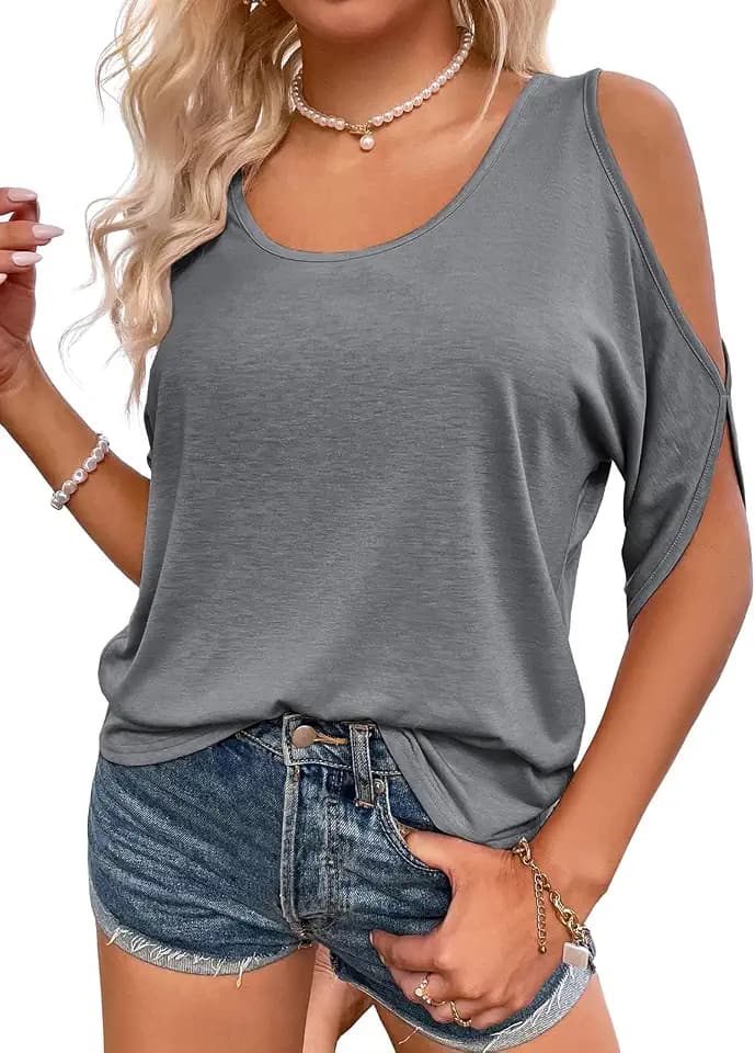 Fisoew Damen T Shirt Schulterfrei Tops Rundhals