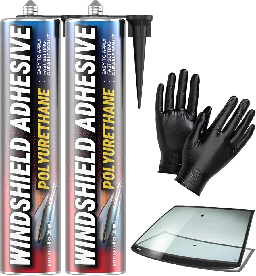[2 Pack] Polyurethane Windshield Adhesive - Quick Curing & Weather Resistant Auto Glass Adhesive, Vertical & Overhead Application, Windshield Repair Kit with Gloves, Applicator Tip & Cartridge - 310ml