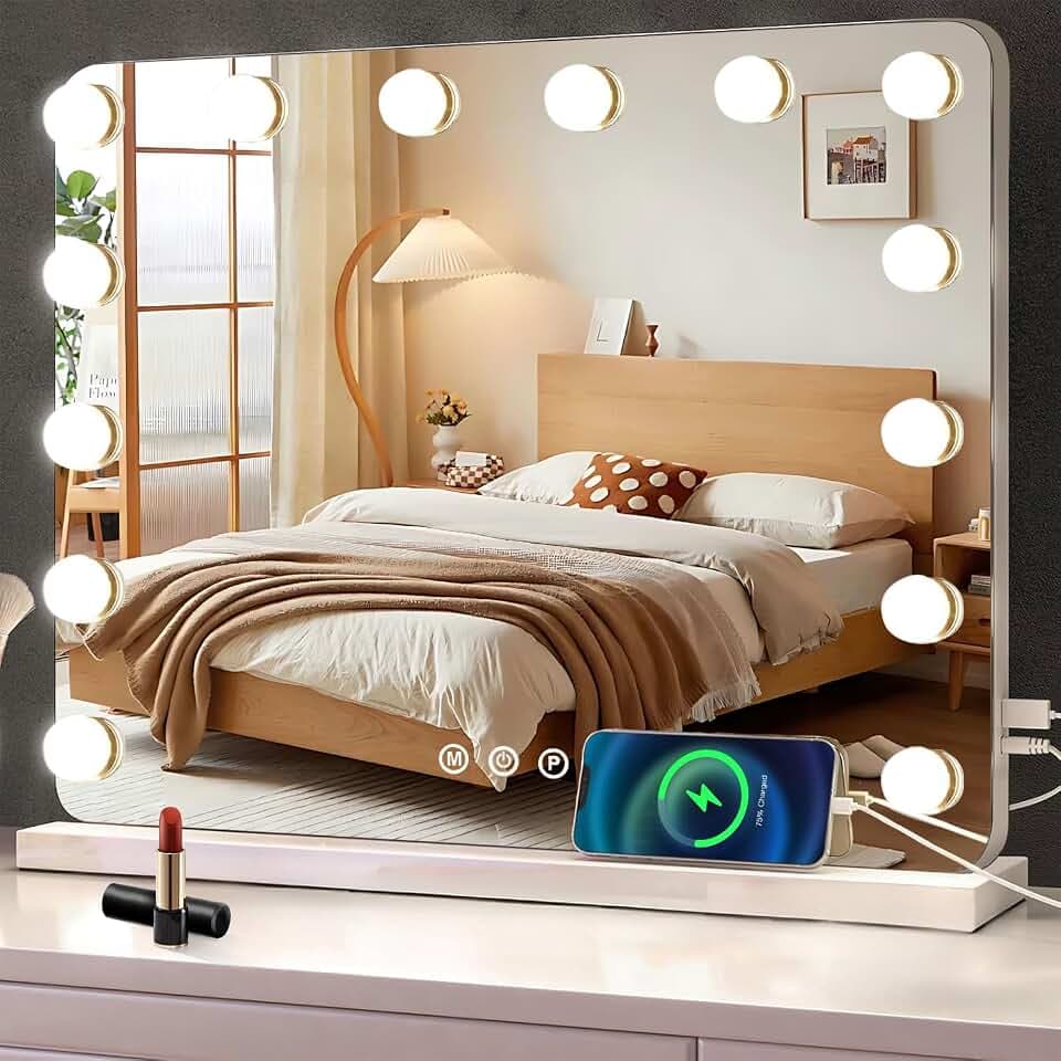 Schminkspiegel mit Beleuchtung,Hollywood Spiegel mit 14 LED Licht Dimmbar Kosmetikspiegel 3 Modi,50 x 40 cm Vanity Spiegel Tischspiegel mit USB 10X Vergrößerung für Schlafzimmer Schminktisch