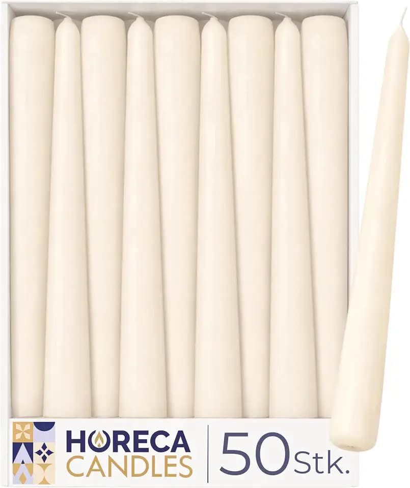 Horeca Candles - Spitzkerzen – Elfenbein Ø 2,3 x 25 cm - 50er Set Leuchterkerzen für Kerzenhalter - 7,5 Stunden Brenndauer - Tropffrei, Rauchfrei, Duftfrei