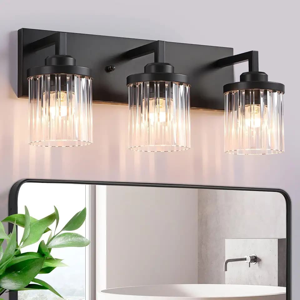 3-Light Black Bathroom Vanity Light, 19.8 inch, Crystal Glass Shades