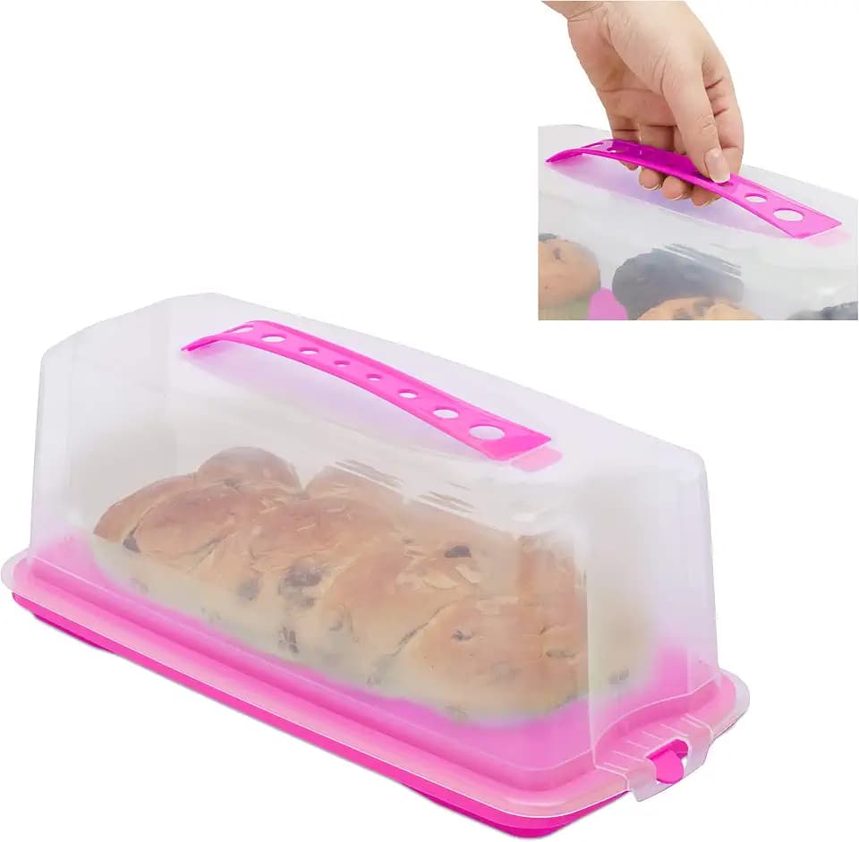 Relaxdays Kuchenbox eckig, Tragegriff, mit Deckel, für Kastenkuchen, Kuchenbutler, HBT 15 x 37 x 16 cm, pink/transparent