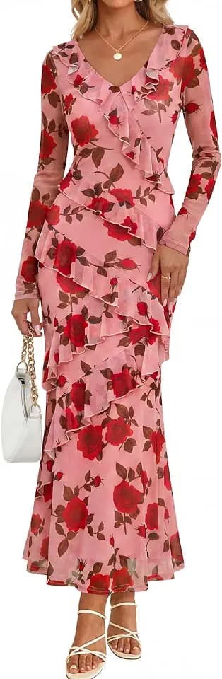 ZESICA Wedding Guest Dresses for Women Fall Long Sleeve Floral Maxi Dress