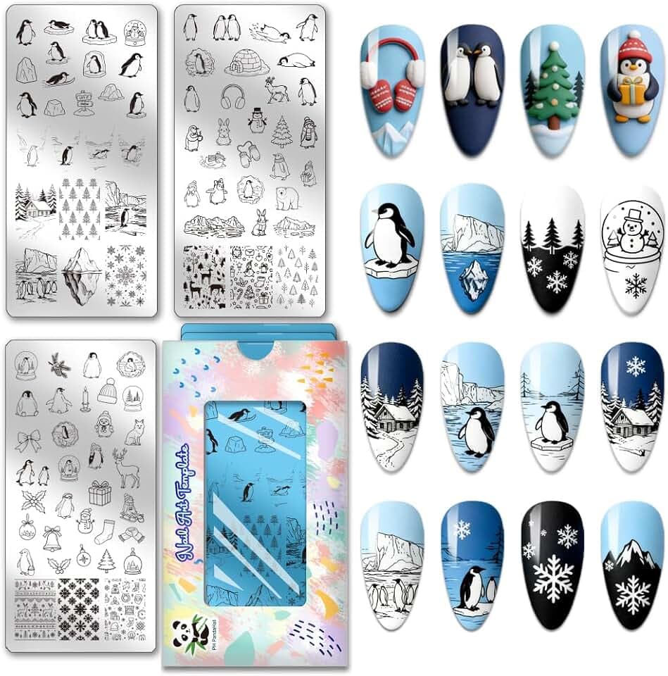 PH PandaHall 3pcs Penguin Nail Stamping Plates Polar Animals Nail Art Templates Winter Snowflakes Nails Art Stencils Snowmen Nails Image Plates for DIY Printing Christmas Manicures Salon Decor