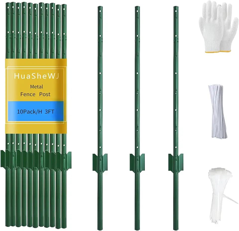 Metal Fence Post 3 Feet Green, Pack of 10, T Post for Wire Fence