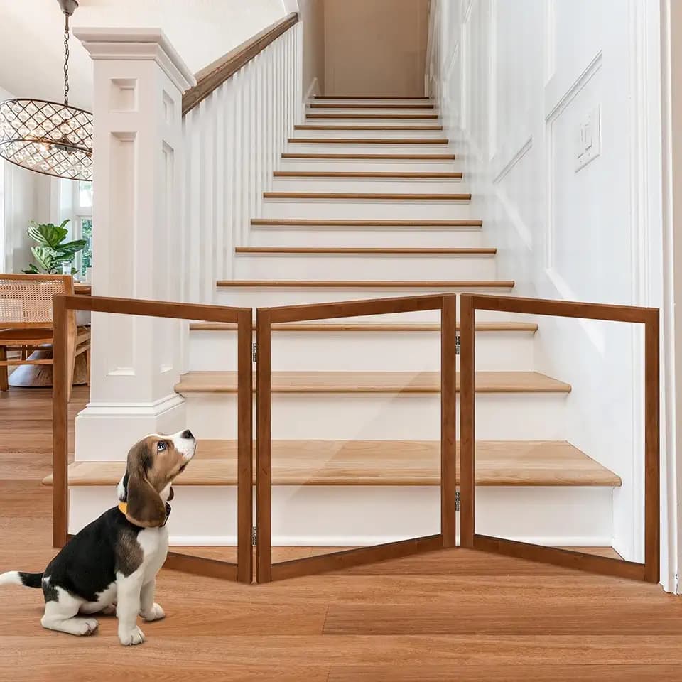 LZRS Clear Dog Gate for Indoor Use - Transparent Pet Fence with Solid Hardwood and Plastic Board, Stylish & Durable freestanding Pet Gate for Doorways, Stairs and Hallways-3 Panel Cherry