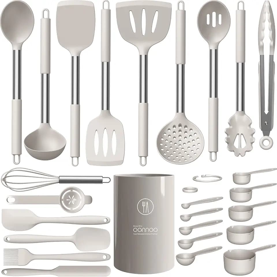 oannao Large Silicone Cooking Utensils Set - Heat Resistant Kitchen Utensils,Turner Tongs,Spatula,Spoon,Brush,Whisk,Stainless Steel Cooking Tool for Nonstick Cookware,Dishwasher Safe (Khaki)