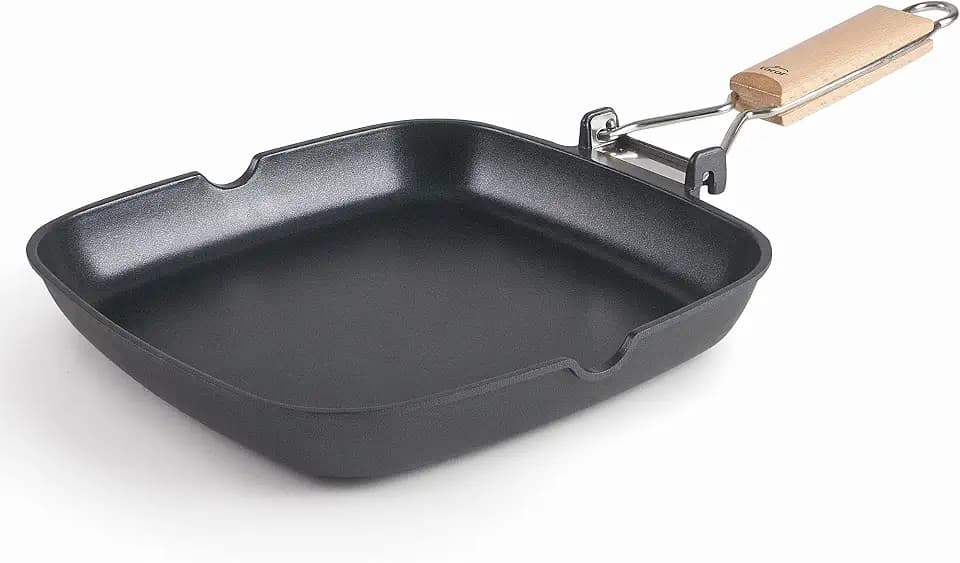LACOR - 25158 - Glatte SUA Grillpfanne aus 100% freiem PFOA Aluminiumguss, Antihaft-Doppelschicht, Klappgriff Eichenholz, Vollinduktionsboden, Induktionstauglich, 28 x 28 x 3,8 cm, Schwarz
