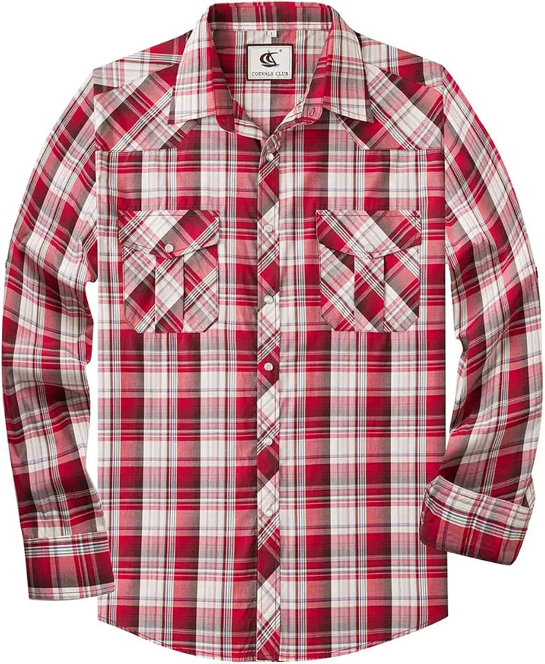 COEVALS CLUB Men's Western Long Sleeve Pearl Snap Cowboy Button Up Classic Country Design Casual Dress Shirt