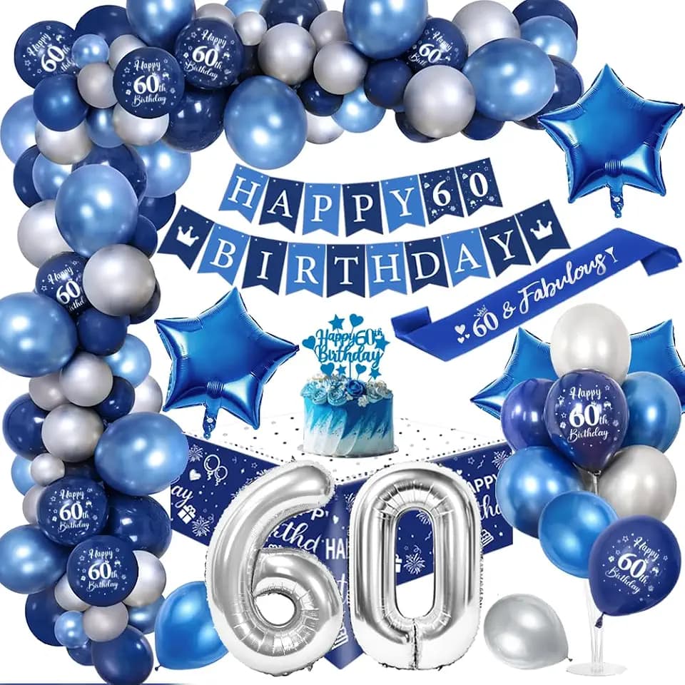 60. Geburtstagdeko Män, 60 Jahre Blau Silber Balloon Arch Kit mit Happy Birthday Banner, Cake Topper, Tischdecke, Geburtstag Sash, Große Anzahl 60 Ballon, Chrom Blau Silber Luftballons