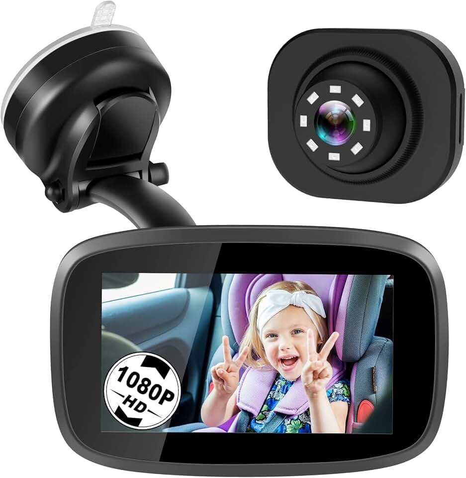 1080P Baby Car Mirror, Shybaby 4.3" Baby Car Camera Monitor with 170° Wide View, HD Night Vision Function and Reusable Sucker Bracket, Safety Rear Facing Cars Set Camera for Infants Kids Toddlers