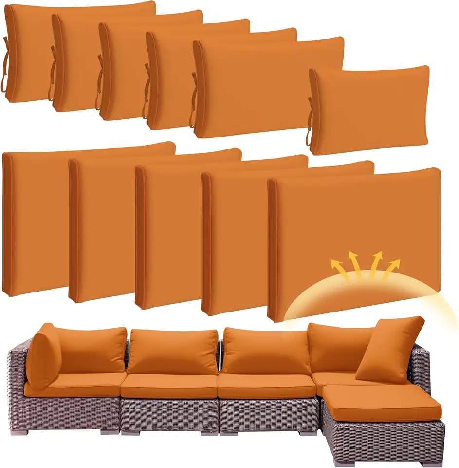 Patelai 11 Pcs 25.4 x 25.4X 3.54 Inch Waterproof Patio Cushion Covers for Outdoor Sectional Furniture Wicker Rattan Patio Sofa Couch Chair Seat Pillow Slipcovers, 3 Sizes Covers Only (Orange)
