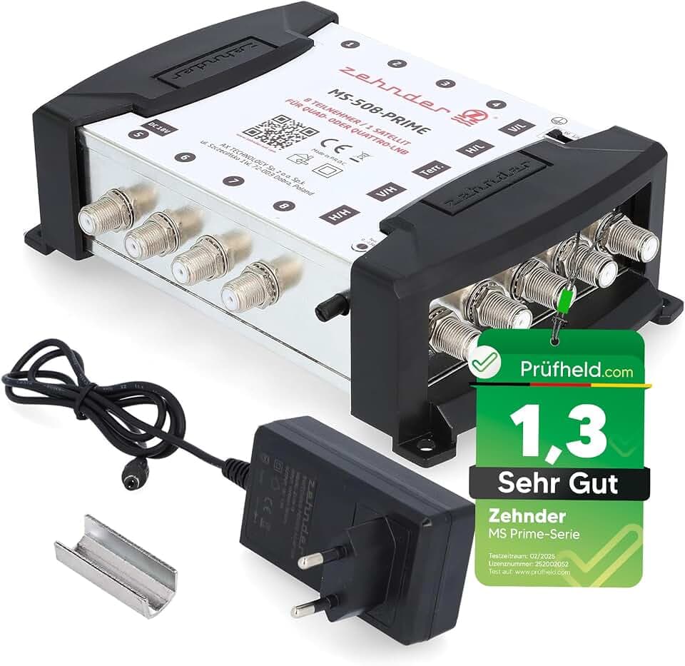 [ Test SEHR GUT *] ZEHNDER 5/8 Multischalter für Quattro & Quad LNB, Multiswitch für 1 Satelliten & 8 Teilnehmer (TV, Sat Receiver), HD 4K Digital Matrix Sat Verteiler, Schüssel Spiegel Antenne