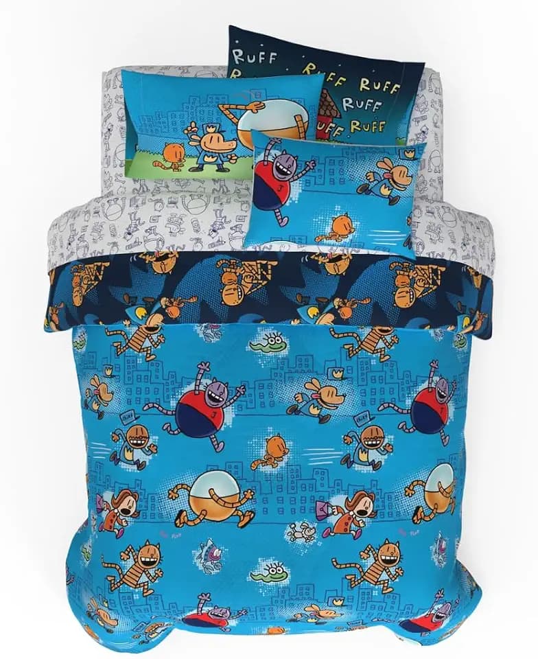 Dog Man Supa Buddies Book Kids Bedding Set, Queen Size 7 Piece Set Super Soft Cozy Reversible Comforter and Sheet Set with Sham, (Officially Licensed Product) by Franco