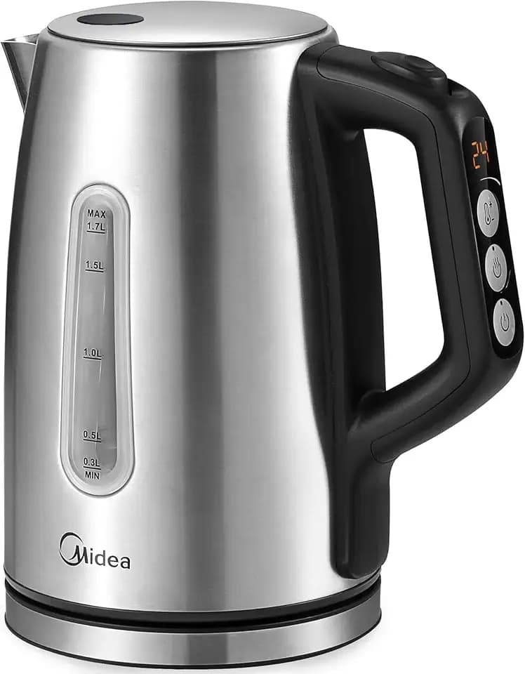 Midea Edelstahl Wasserkocher 1,7L, 2200W, Temperatureinstellung 40-100°C | 6 Temperaturstufen, Warmhaltefunktion, BPA-frei, Wasserstandsanzeige, Auto-Shut-off, Trockenschutz, Kalkfilter