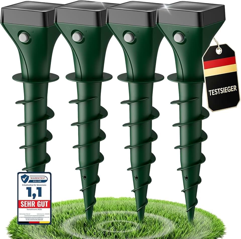 Maulwurf Vertreiber 4er Pack, Solar Maulwurfschreck mit Ultraschall & KI-Wechselfrequenz, Effektive Wühlmausabwehr gegen Maulwürfe und Wühlmäuse, IP65 Wasserdicht für Garten und Außenbereich