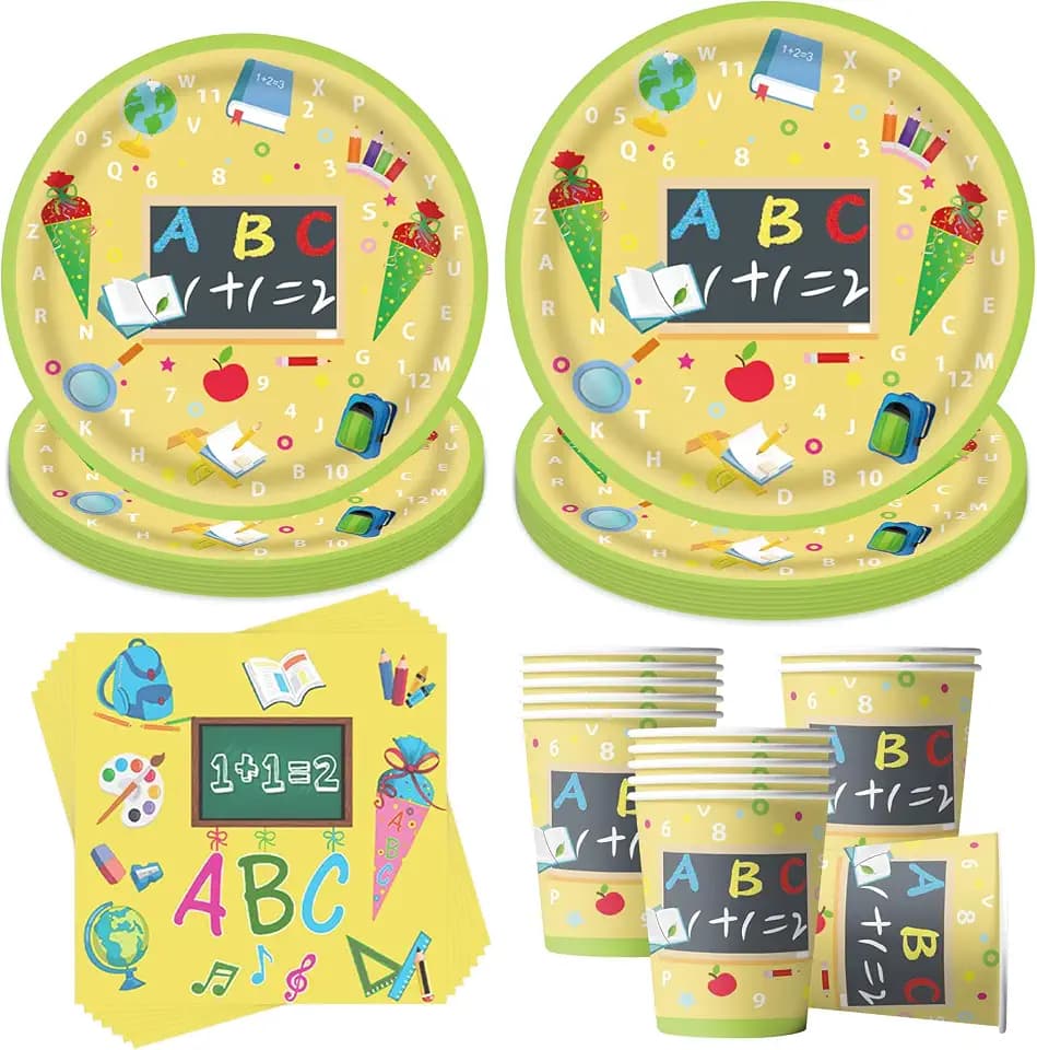 50 Stück Einschulung Partygeschirr Set,Schulanfang Servietten Set,Einschulung Deko Partygeschirr,Schulanfang Deko Pappteller Pappbecher Servietten,Schuleinführung Deko Ideal für 10 Gäste