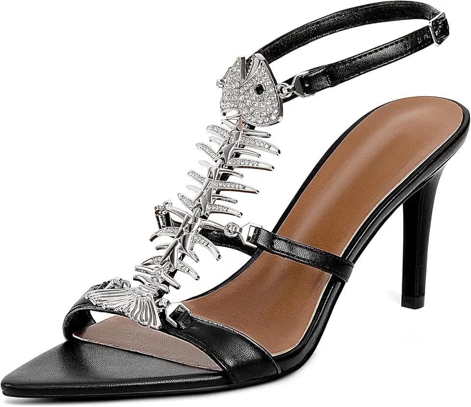 Strappy Heels for Women Stiletto High Heeled Sandals Fishbone Rhinestone Pointed Open Toe Sexy Dress Party Wedding Gladiator Heels