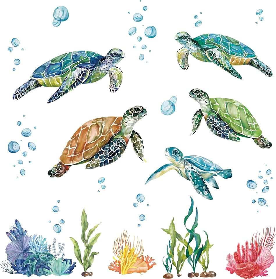 decalmile Wandsticker Meeresschildkröten Wandtattoo unter dem Meer Coral