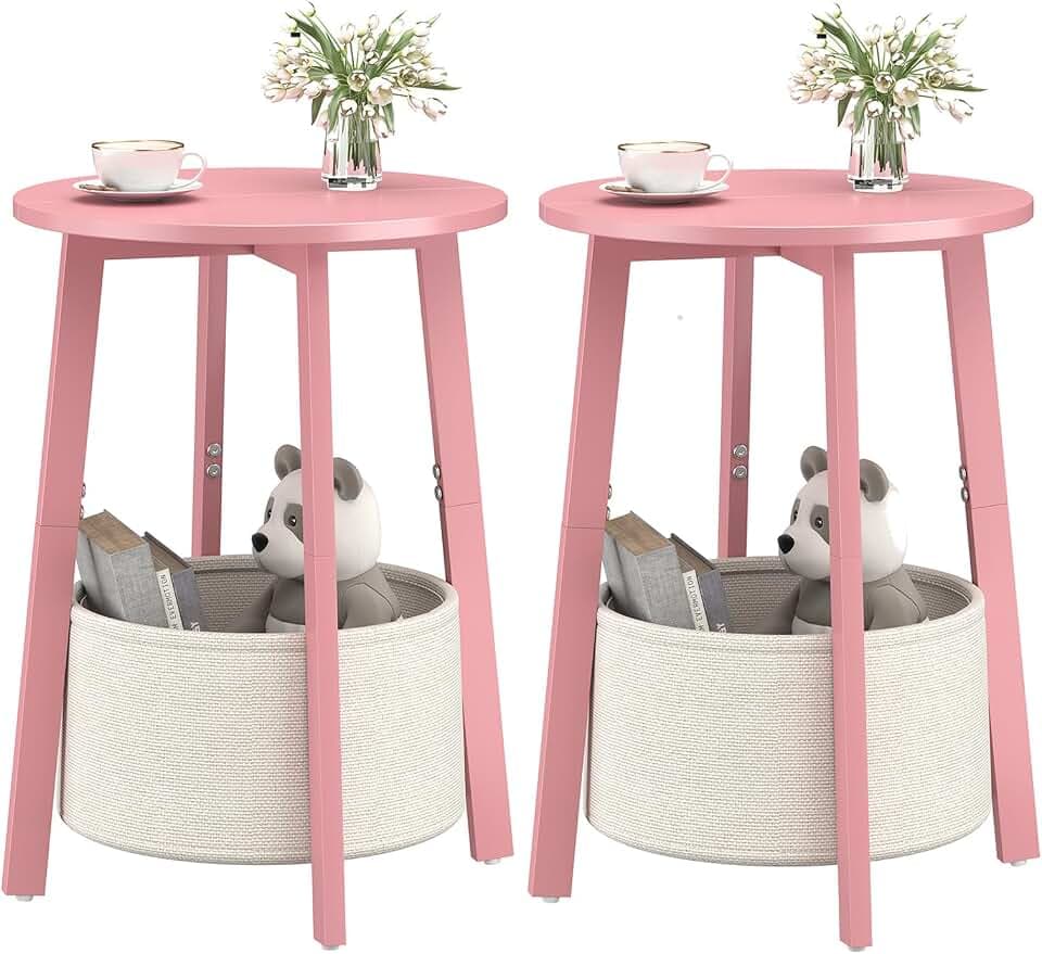 sthmec Small Round Side End Table Set of 2 with Cloth Storage Basket, Round Bedside Sofa Couch Coffee Tables for Small Places with Metal Frame, Modern Nighstands for Living Room Bedroom,Pink