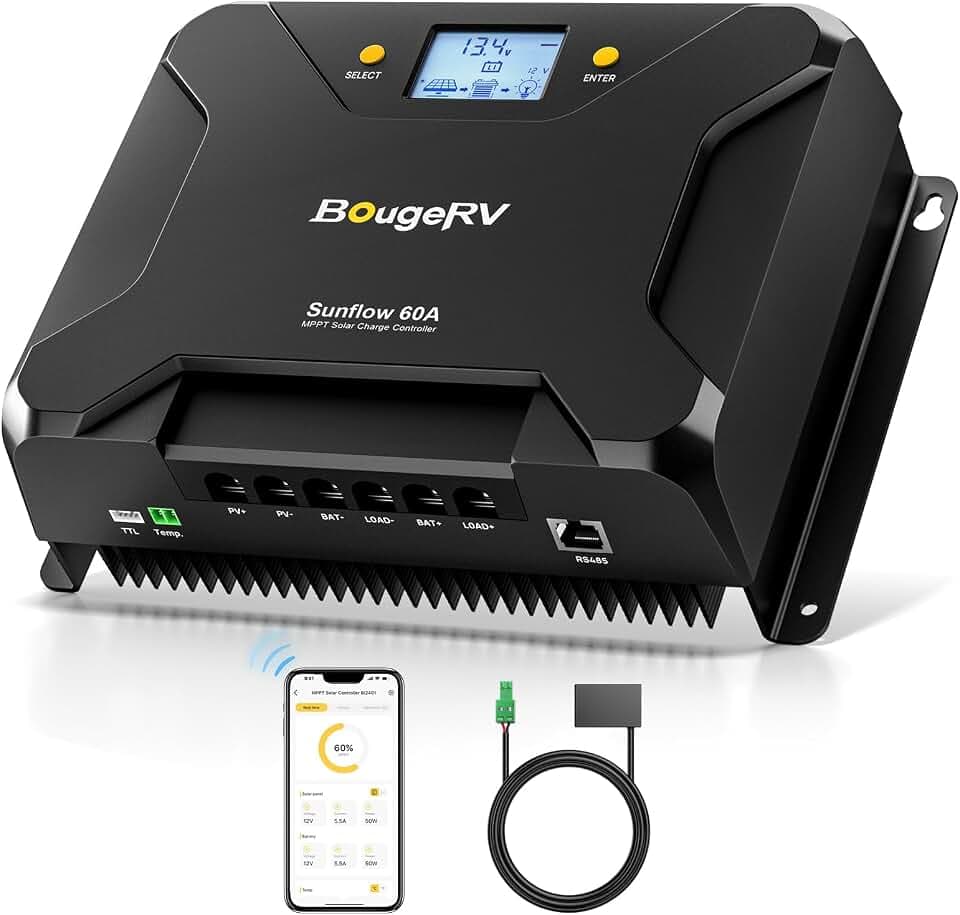 BougeRV Sunflow MPPT Solar Charge Controller 60A, w/ Low-Temp Cut-Off, APP Control, Backlit LCD, 60 Amp Solar Panel Regulator 12V/24V for LiFePO4, SLD, Gel, FLD, AGM Battery, RV, Marine, Upgraded