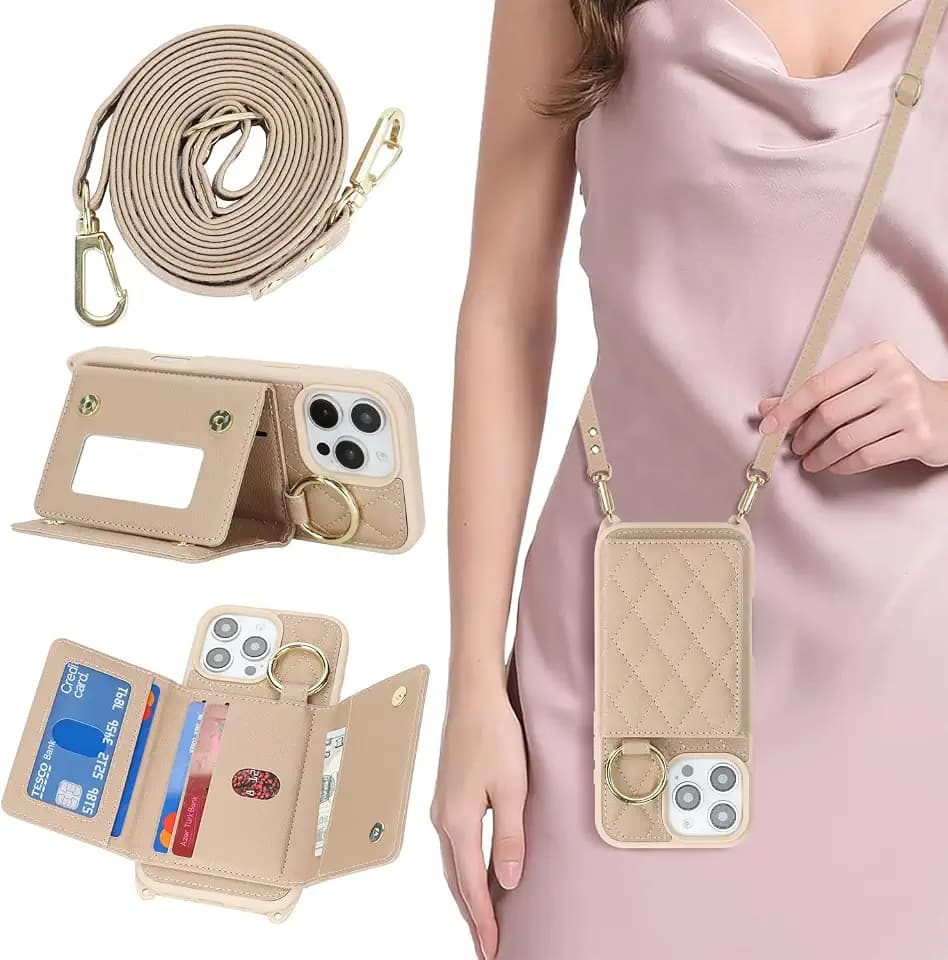 for iPhone 16 Pro Max Case with Card Holder and Strap, Off-White