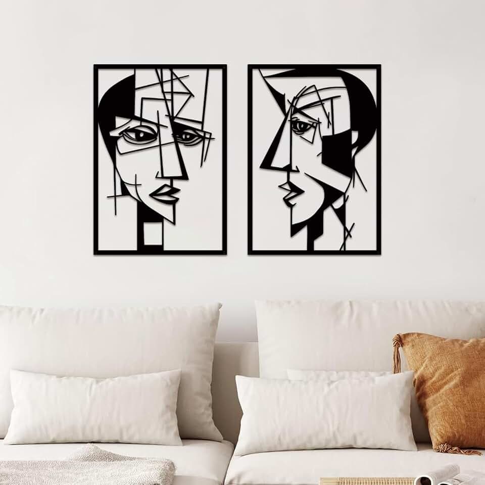 ESTART 2 Stück abstrakte Liebhaber Gesichter Metall Wandkunst Minimalistische Einzeilige Hängende Wanddekoration Moderne Schwarze Metall Wandskulpturen für Wohnzimmer Schlafzimmer Badezimmer