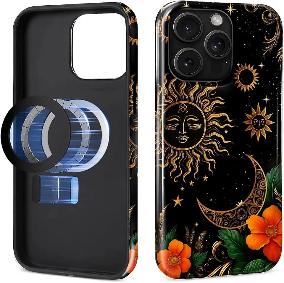 for iPhone 15 Pro Case for MagSafe Non Slip Hard Shell Acrylic and Silicone Soft Shell Combination Phone Style 2-in-1 Mysterious Vintage Sun Moon Blooming Flowers Pattern