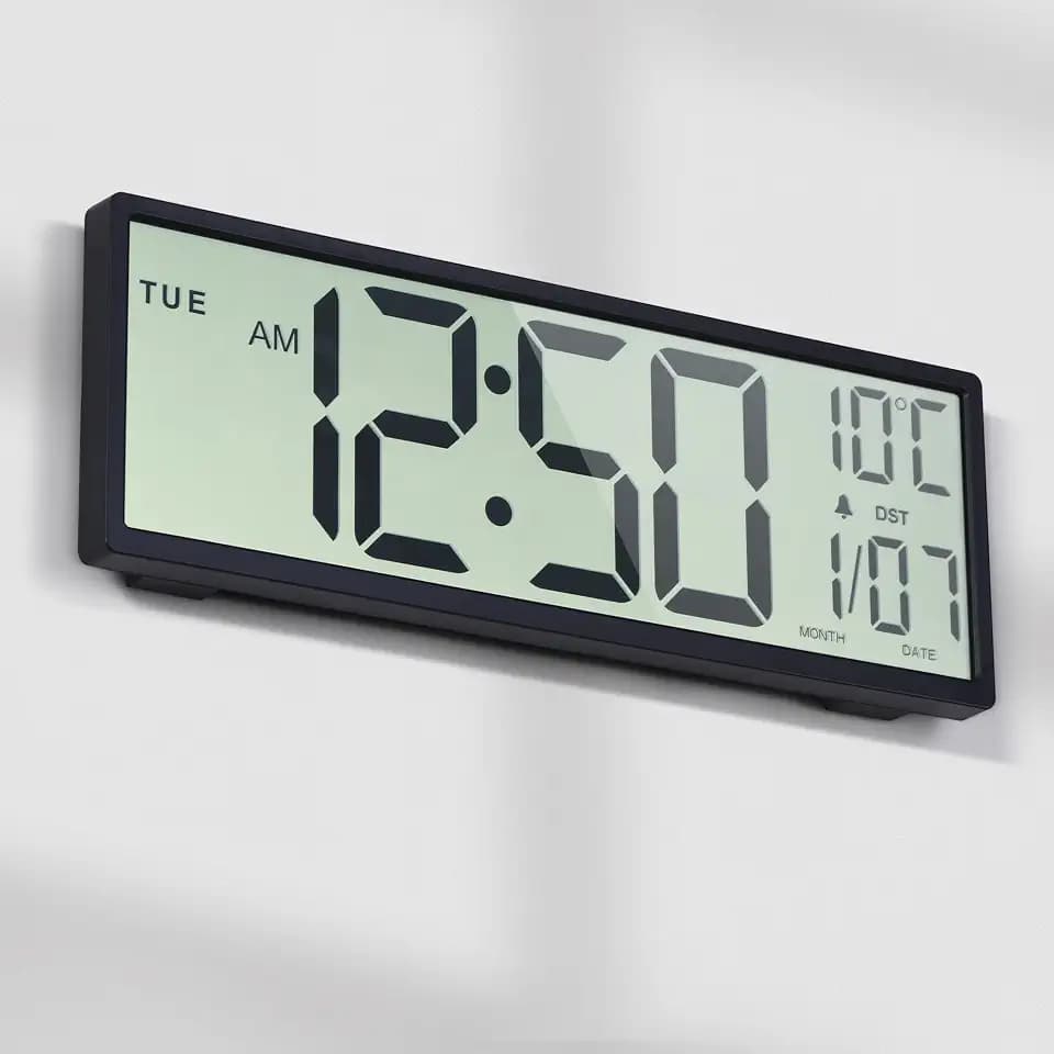 15" Digitale Wanduhr Batteriebetrieben – Große Kabellose LCD Wanduhr mit Datum, Wochentag, Temperatur, Automatischer Sommerzeit, 12/24-Stunden-Anzeige, Alarm & Schlummerfunktion