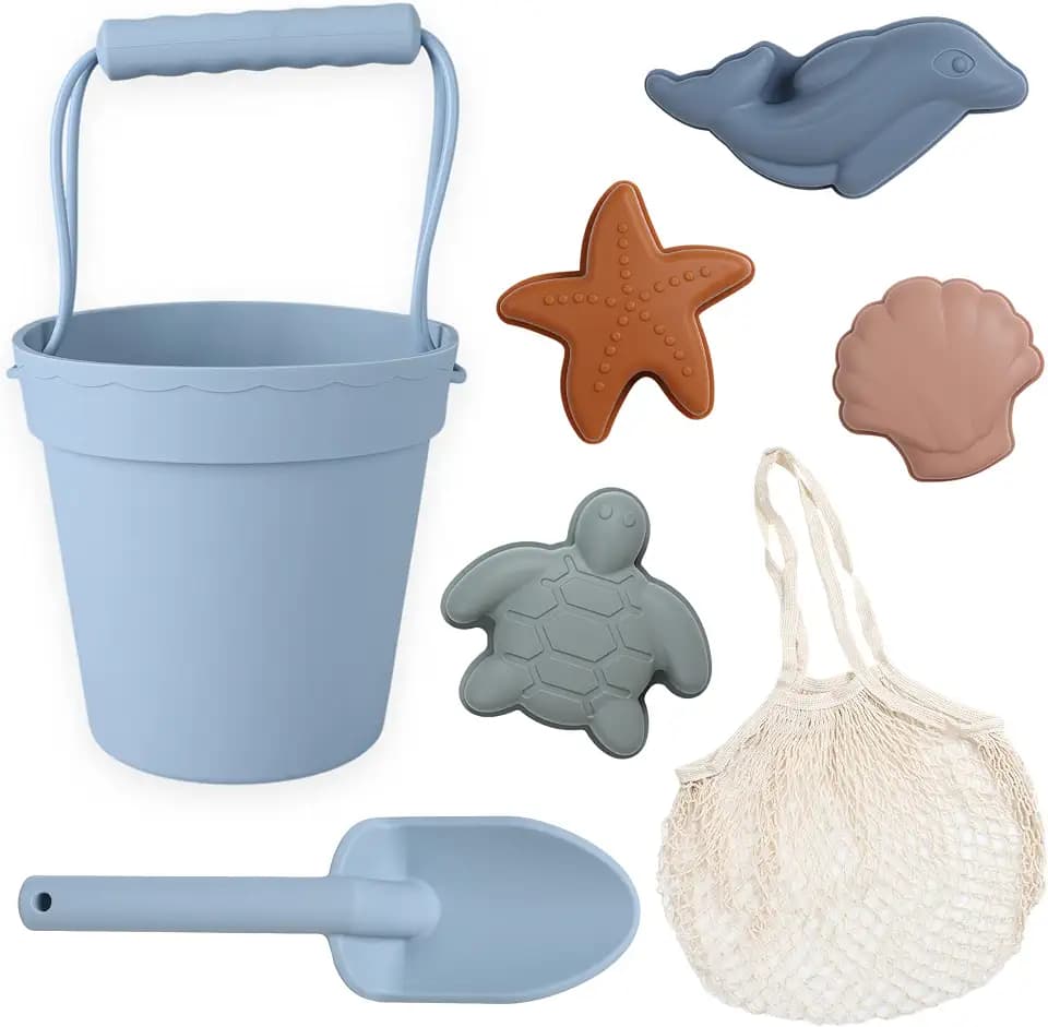 BLUE GINKGO Silicone Beach Toys, 7-Piece Sand Toy Set, Blue