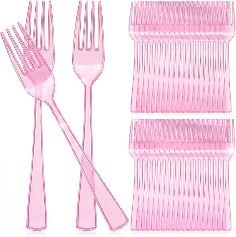 Minatee 50 Pcs Plastic Pink Forks, Disposable Heavy Duty Cutlery